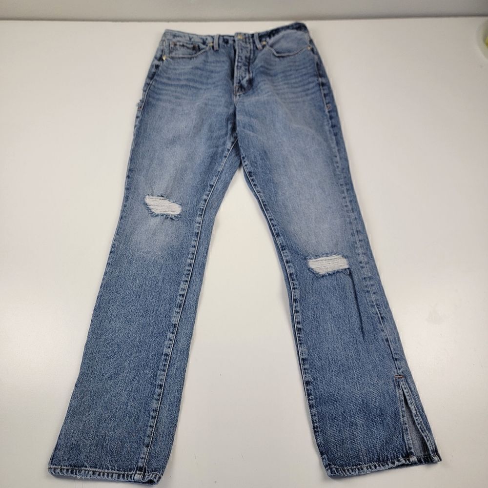 Good American High Rise Distressed Straight Leg Jeans - Light Blue